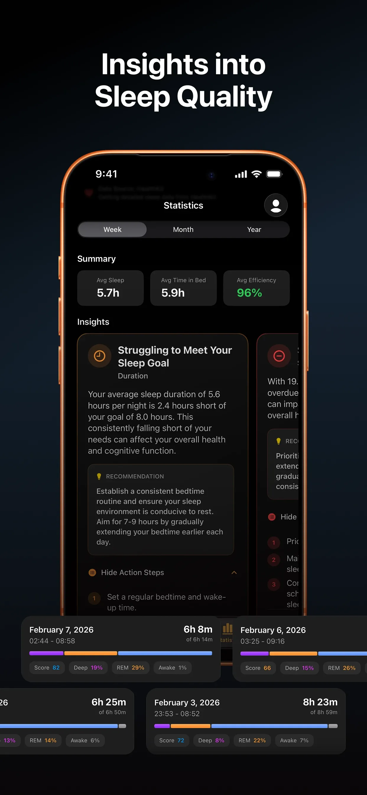Sleep statistics with weekly insights, AI recommendations and sleep history