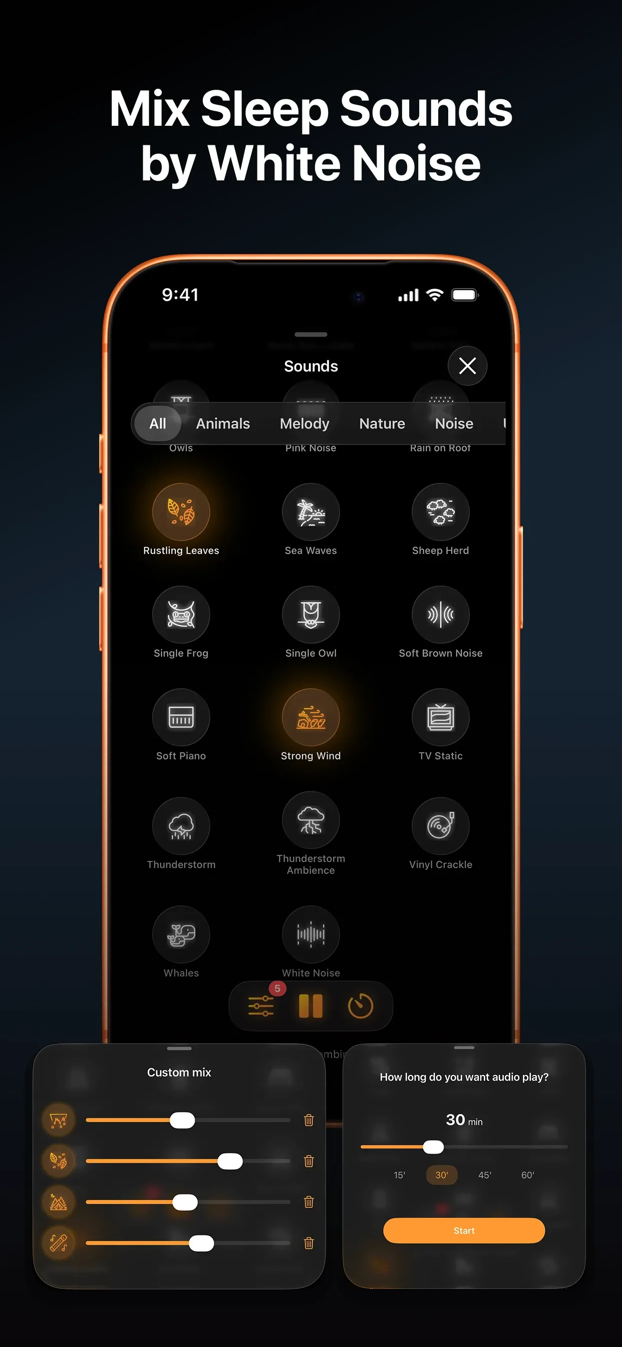 Sleep sounds mixer with white noise, nature, and ambient sound categories