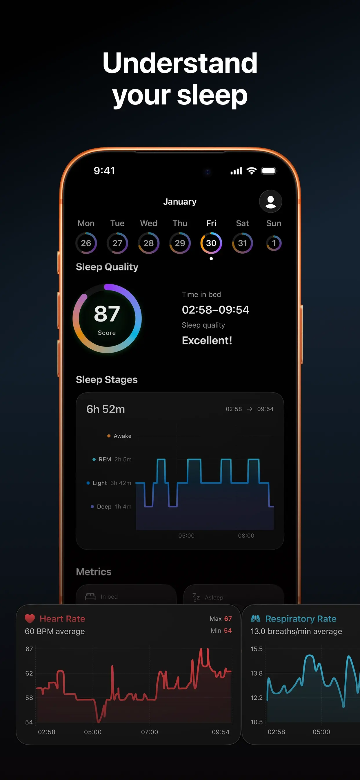 Sleep quality score with REM, Deep, Core sleep stages chart and heart rate tracking