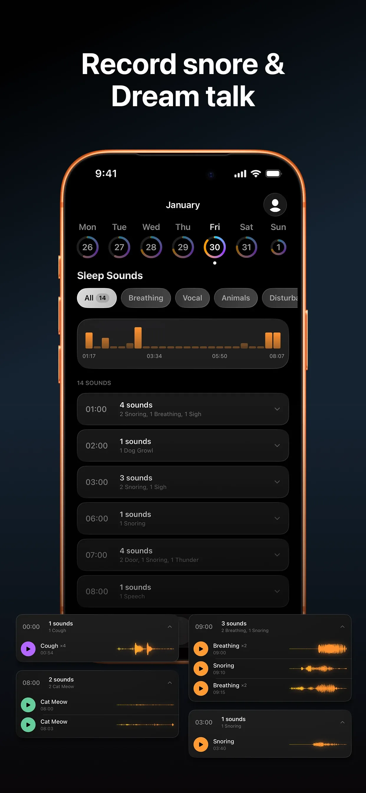 AI snoring detection and dream talk recording with sound timeline